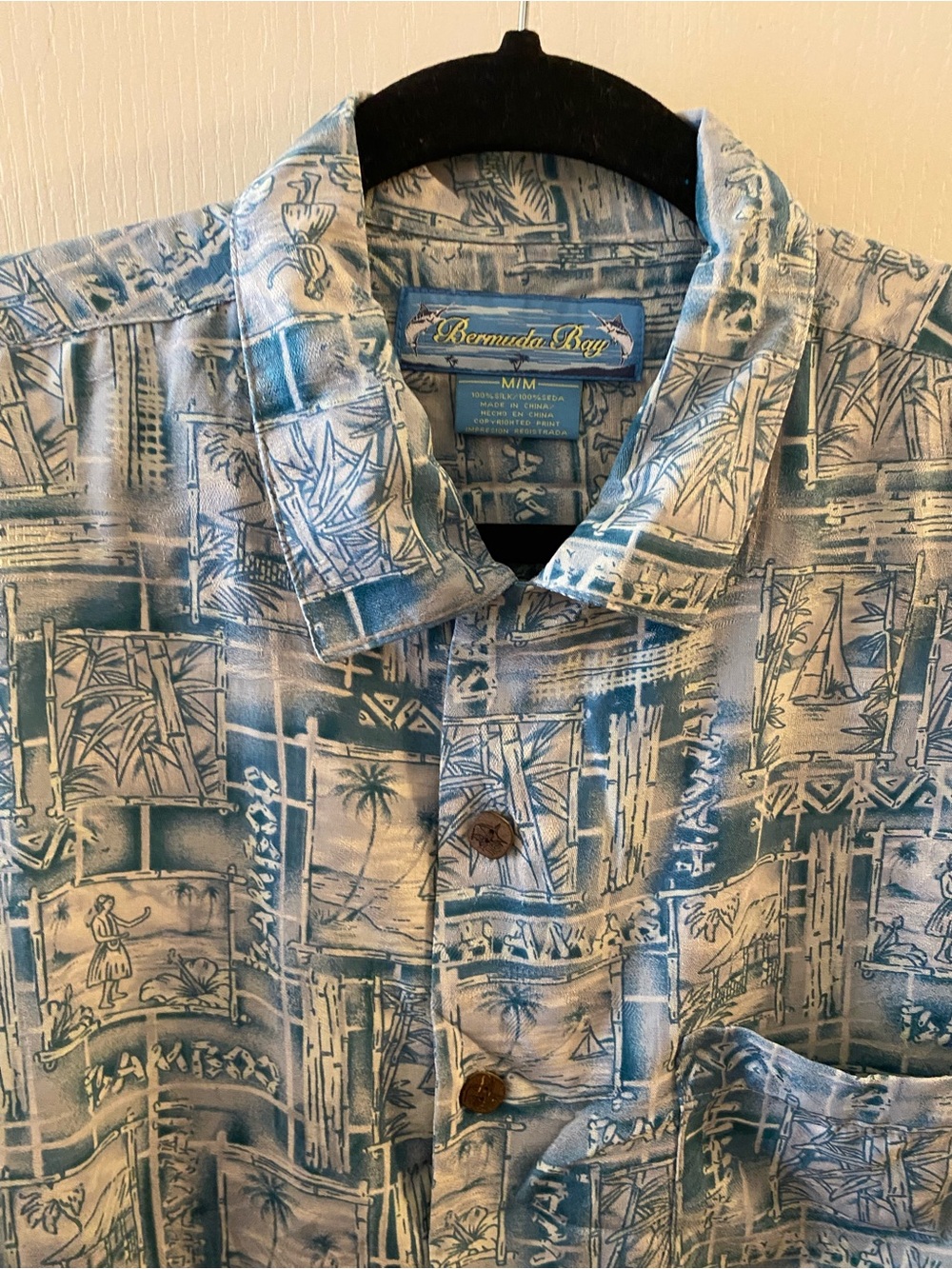 BERMUDA BAY 100% Silk Resortwear Button Down Short Sleeve Shirt in Blue - M - Picture 5 of 11